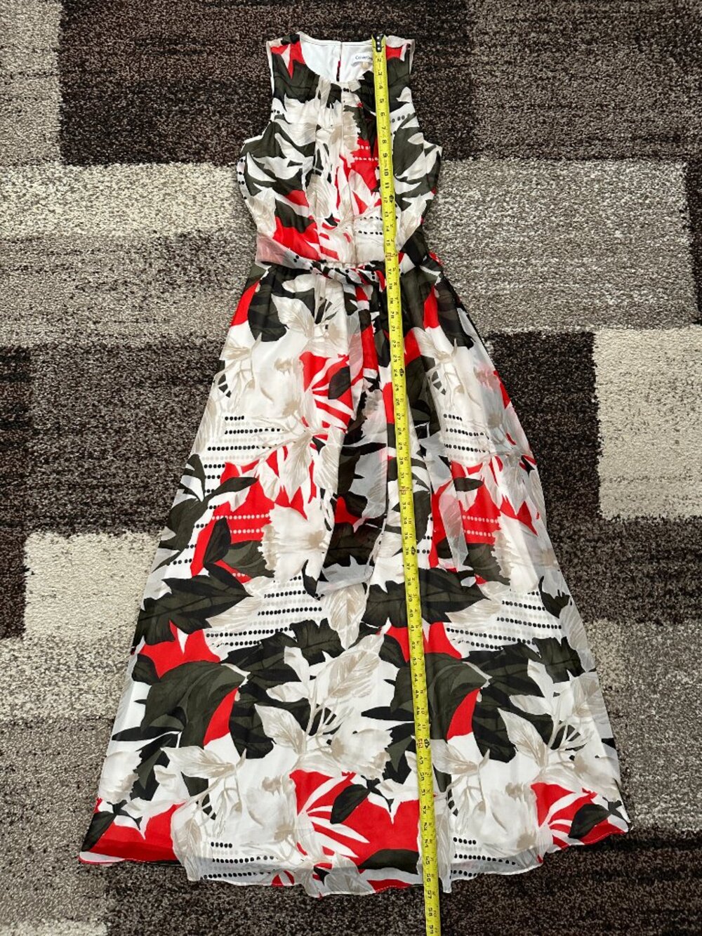 CALVIN KLEIN (Size 4) Chiffon Overlay Floral Dress Maxi Long Red Green White Tie - Picture 7 of 16